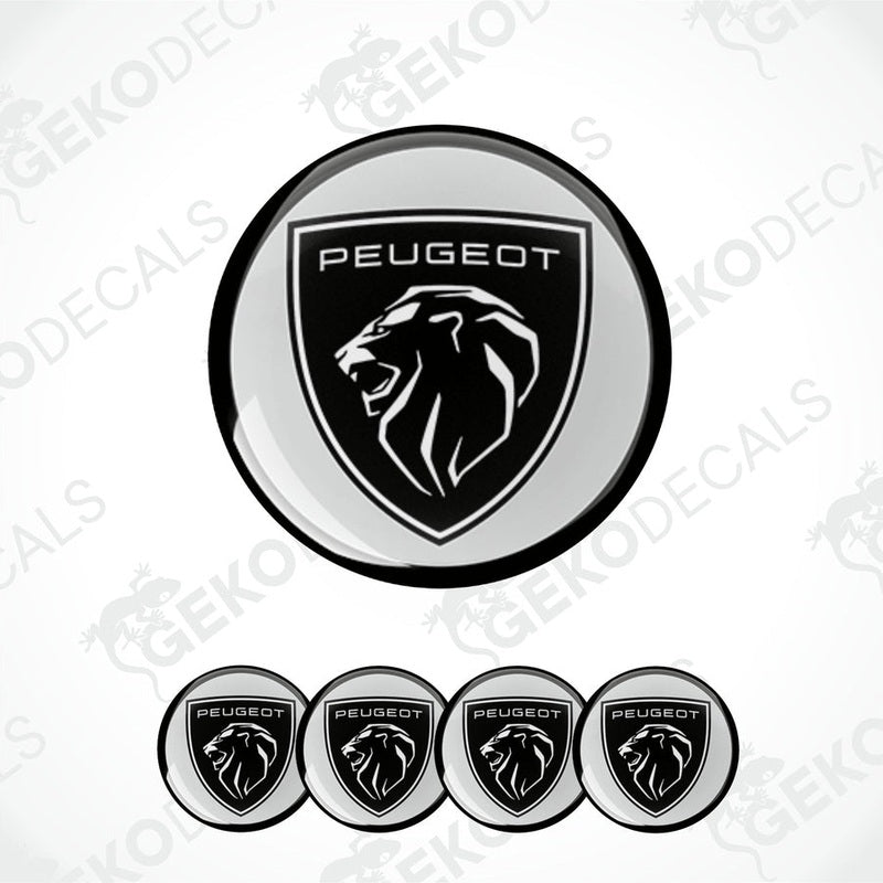 A set of four silver-colored Peugeot branded vinyl stickers with a lion logo, displayed against a white background.