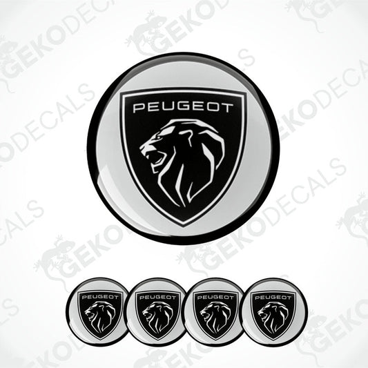 A set of four silver-colored Peugeot branded vinyl stickers with a lion logo, displayed against a white background.