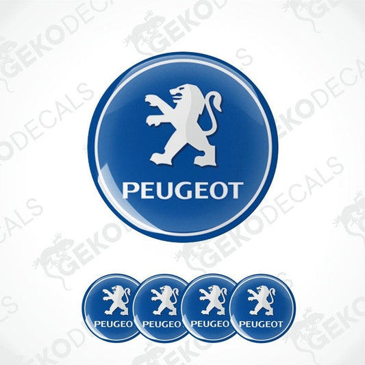 A set of four blue vinyl decals with the PEUGEOT logo and a polyurethane coating.
