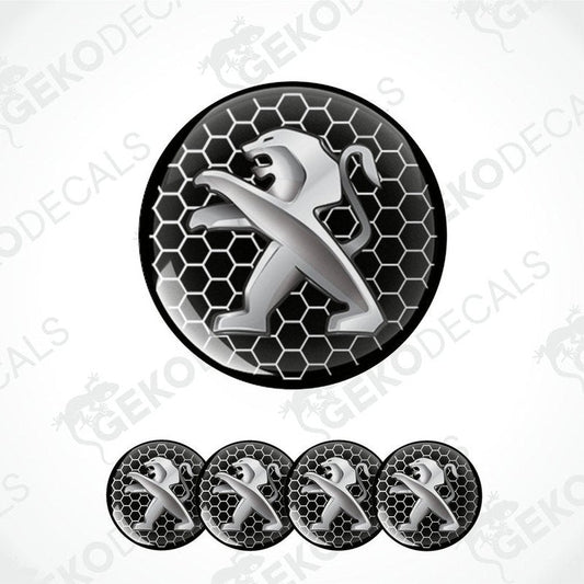 A set of four vinyl decals with a polyurethane coating, featuring the Peugeot car brand logo, presented against a white background.