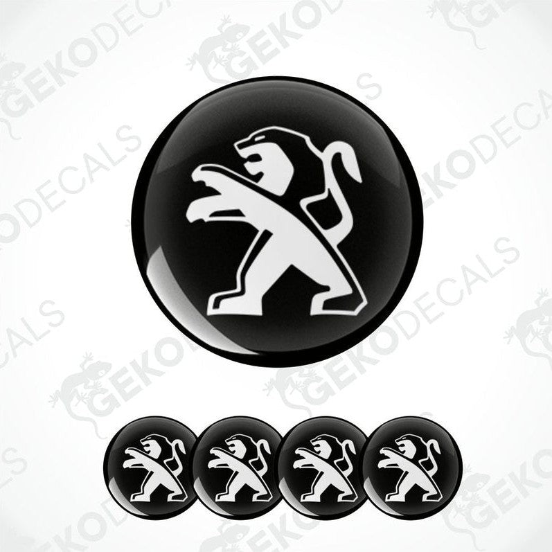 A set of four black and white vinyl decals with the Peugeot car logo.