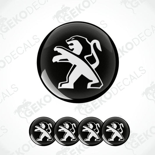A set of four black and white vinyl decals with the Peugeot car logo.