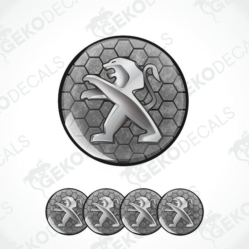 A set of car decals featuring a silver PEUGEOT logo on a hexagonal background, accompanied by four additional silver decals of a simpler design.