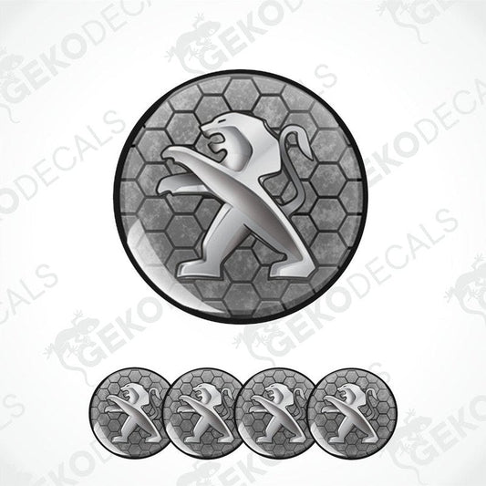 A set of car decals featuring a silver PEUGEOT logo on a hexagonal background, accompanied by four additional silver decals of a simpler design.