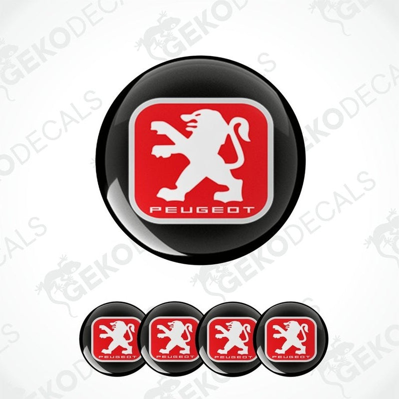 A set of four black and red vinyl stickers with a geometric design representing the Peugeot brand logo.