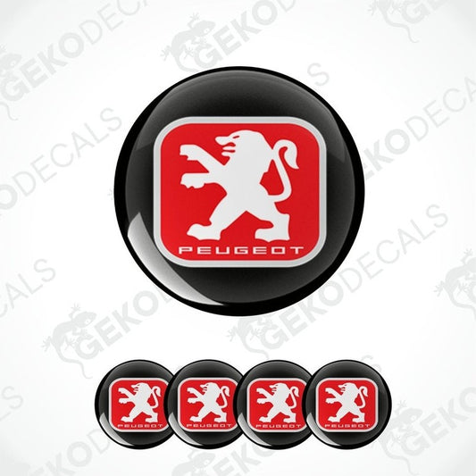 A set of four black and red vinyl stickers with a geometric design representing the Peugeot brand logo.
