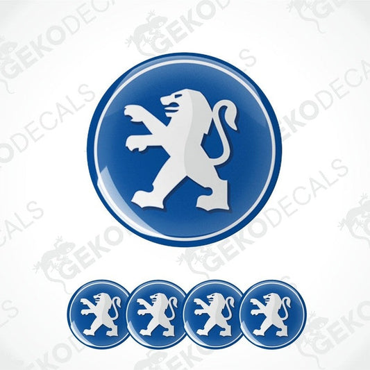 A set of four blue vinyl decals with a white PEUGEOT lion emblem, designed for use as car wheel stickers.