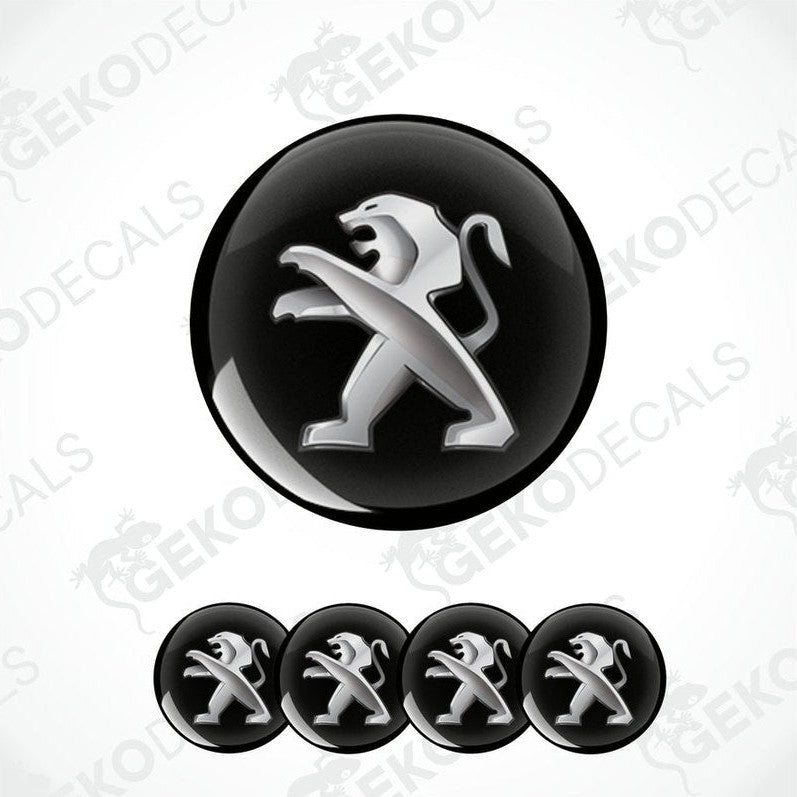 A set of four black vinyl stickers with a geometric design representing the Peugeot brand logo.