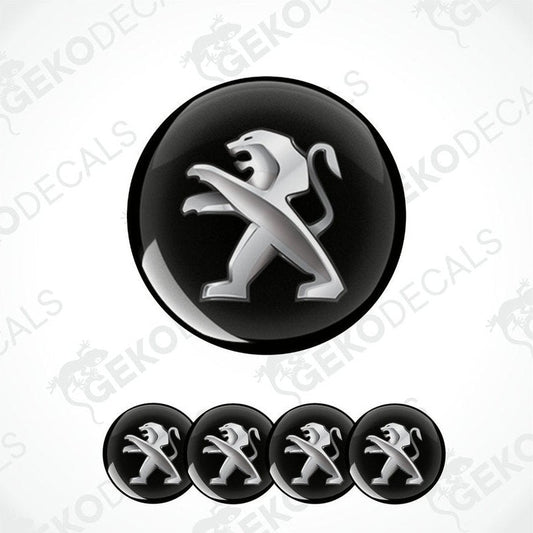 A set of four black vinyl stickers with a geometric design representing the Peugeot brand logo.