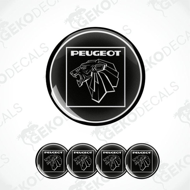 A set of four black and white vinyl decals with the PEUGEOT logo.