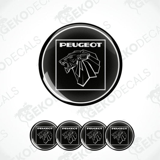 A set of four black and white vinyl decals with the PEUGEOT logo.