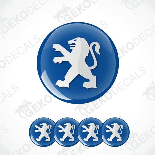 A set of four blue vinyl decals with the PEUGEOT logo and a polyurethane coating.
