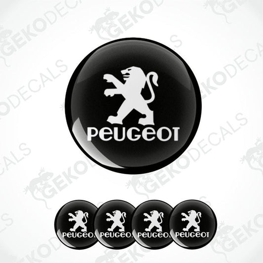 A set of four black vinyl stickers with a Peugeot logo, designed for use as car decals.