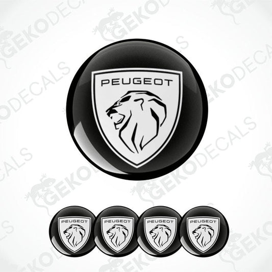 A set of four black vinyl stickers with the PEUGEOT brand logo.