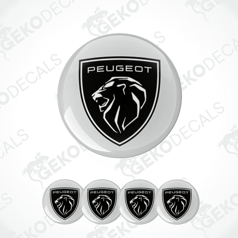 A set of four white vinyl stickers with the Peugeot brand logo and a black lion graphic design on them.