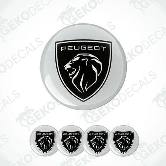 A set of four white vinyl stickers with the Peugeot brand logo and a black lion graphic design on them.