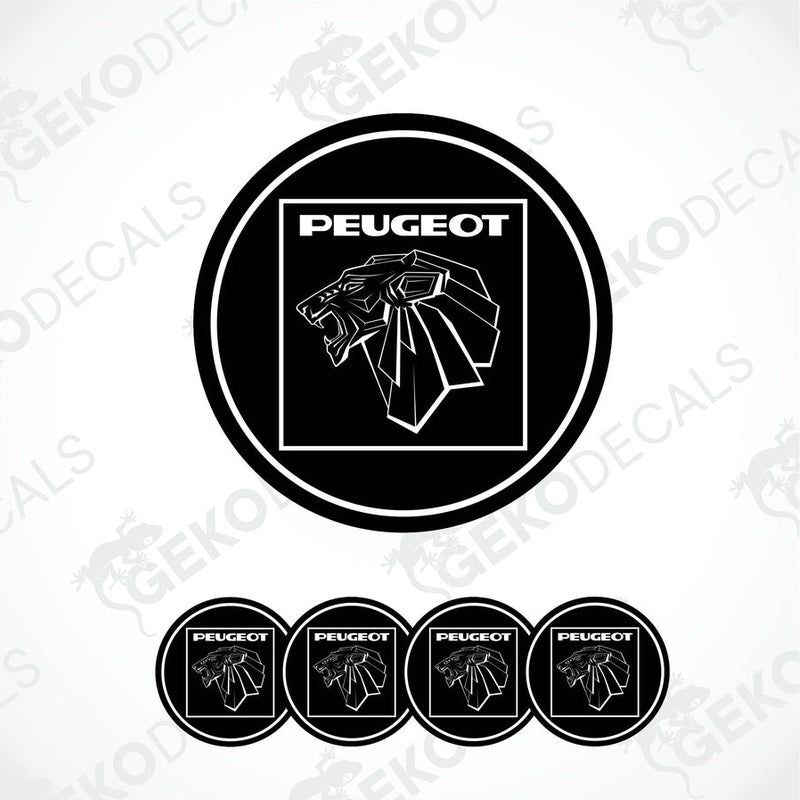 A set of four black and white vinyl decals with the PEUGEOT logo.