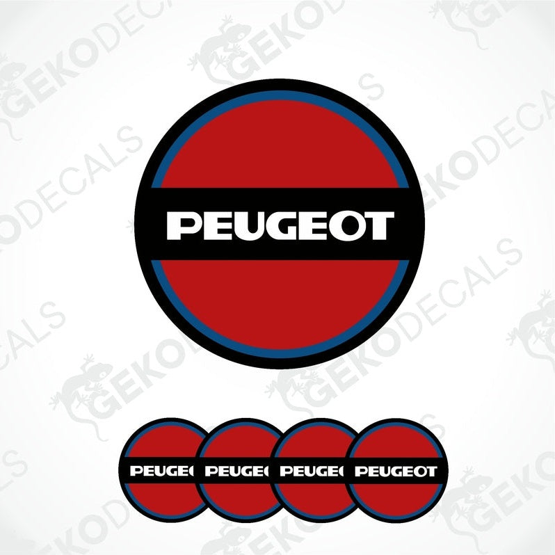 A set of four red, white, and blue vinyl stickers with the Peugeot brand logo on them.