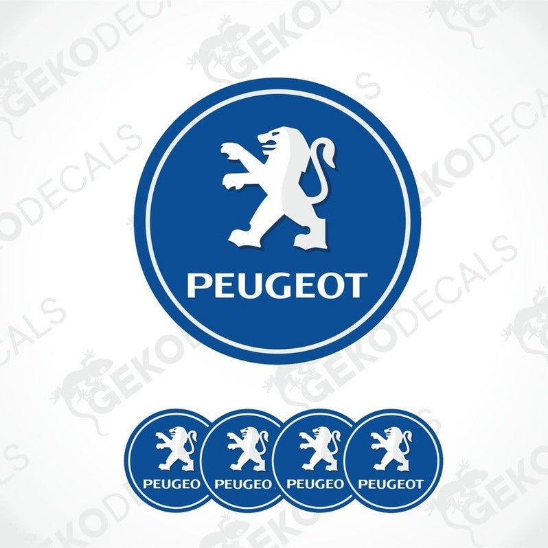 A set of four blue vinyl decals with the PEUGEOT logo and a polyurethane coating.