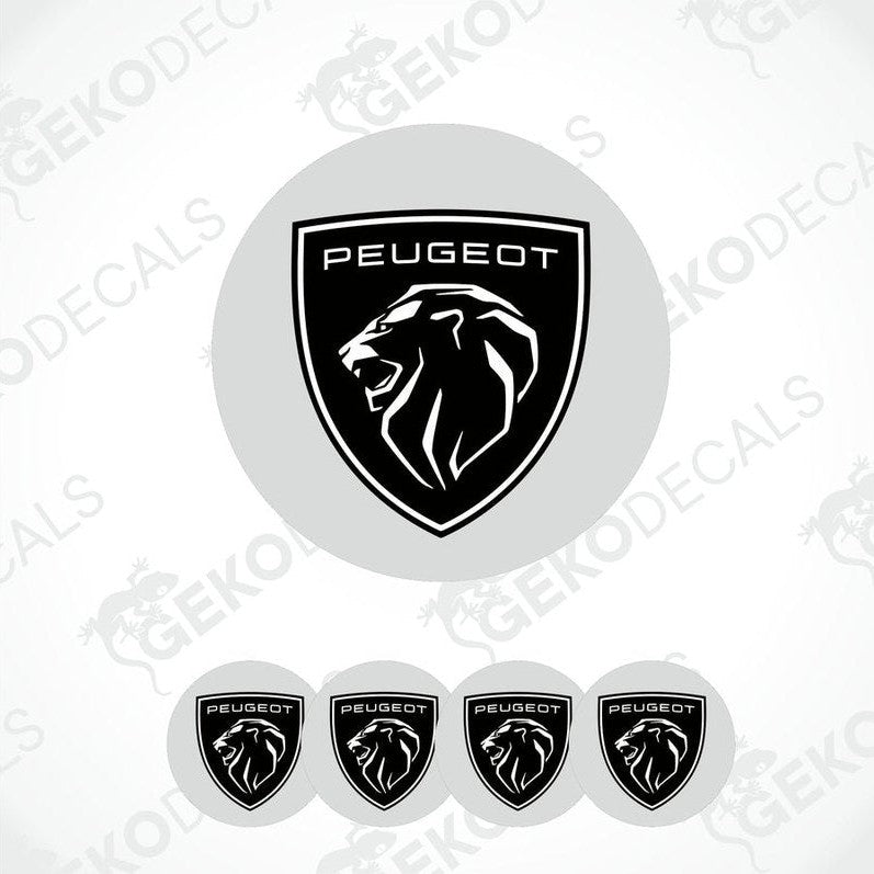 A set of four white vinyl stickers with the Peugeot brand logo and a black lion graphic design on them.
