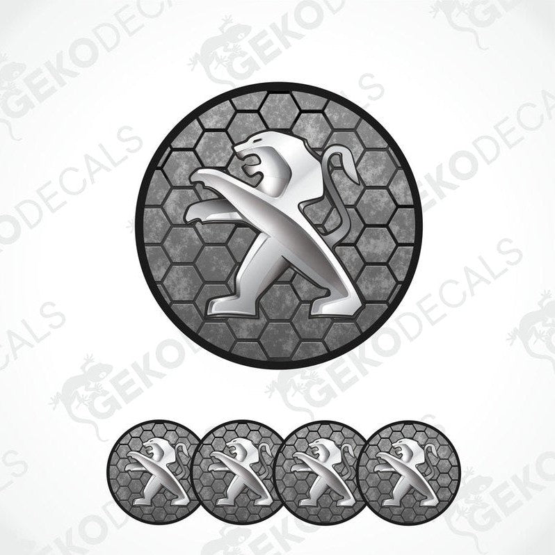A set of car decals featuring a silver PEUGEOT logo on a hexagonal background, accompanied by four additional silver decals of a simpler design.