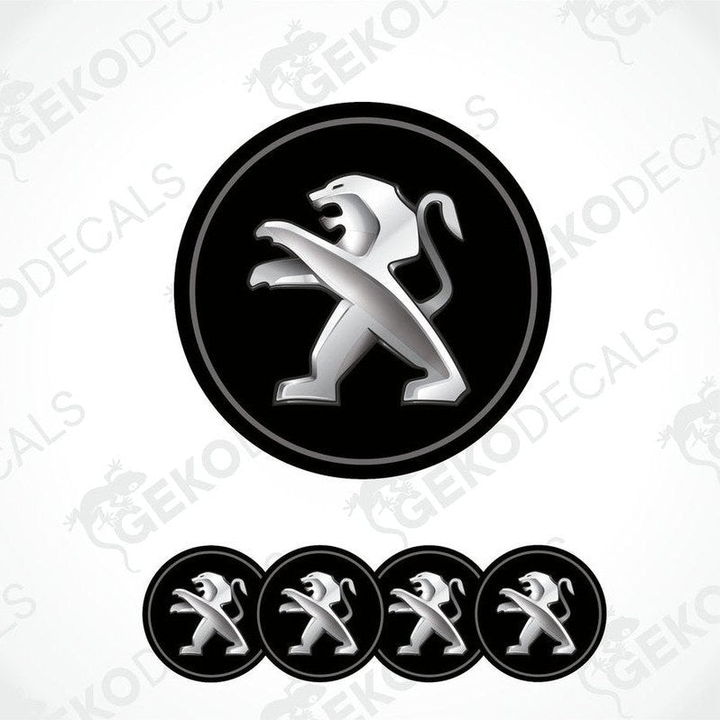 A set of four black vinyl stickers with a geometric design representing the Peugeot brand logo.