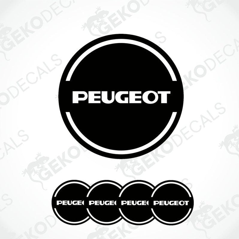 A set of four black and white vinyl decals with the Peugeot car logo.