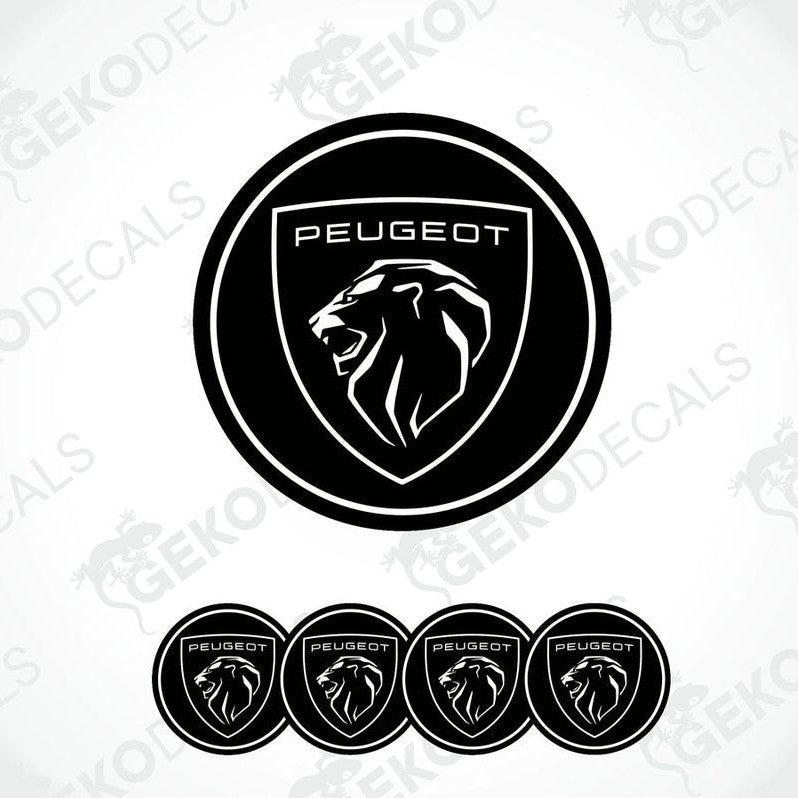 A set of four black and white vinyl decals with the PEUGEOT logo.