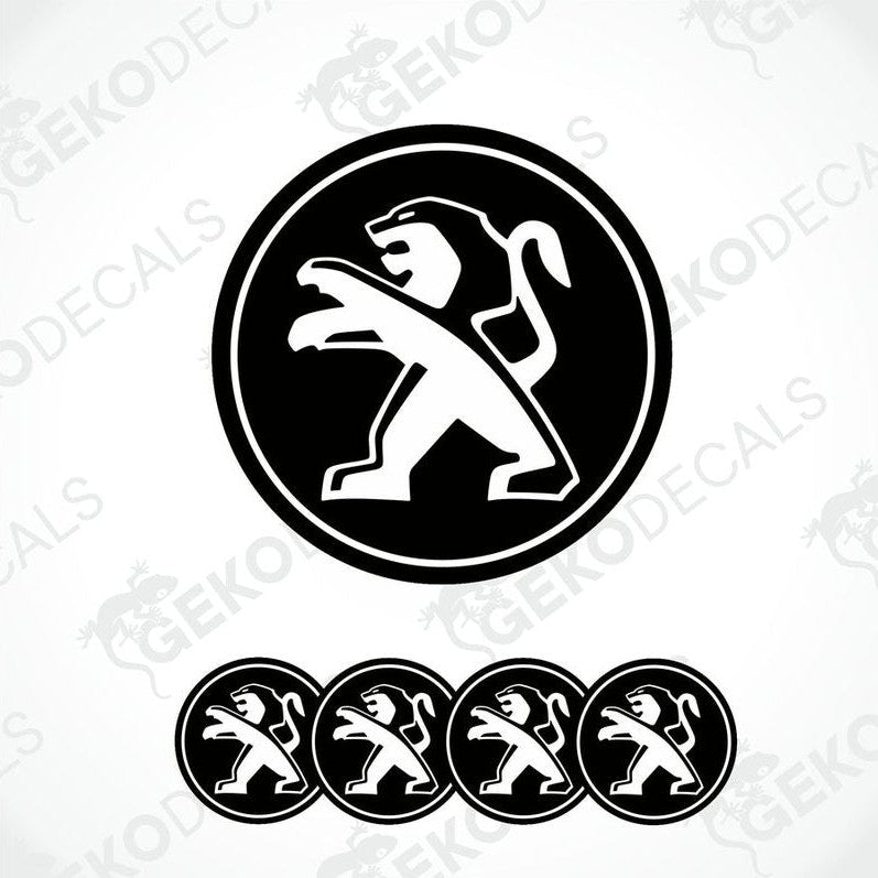 A set of four black and white vinyl decals with the Peugeot car logo.