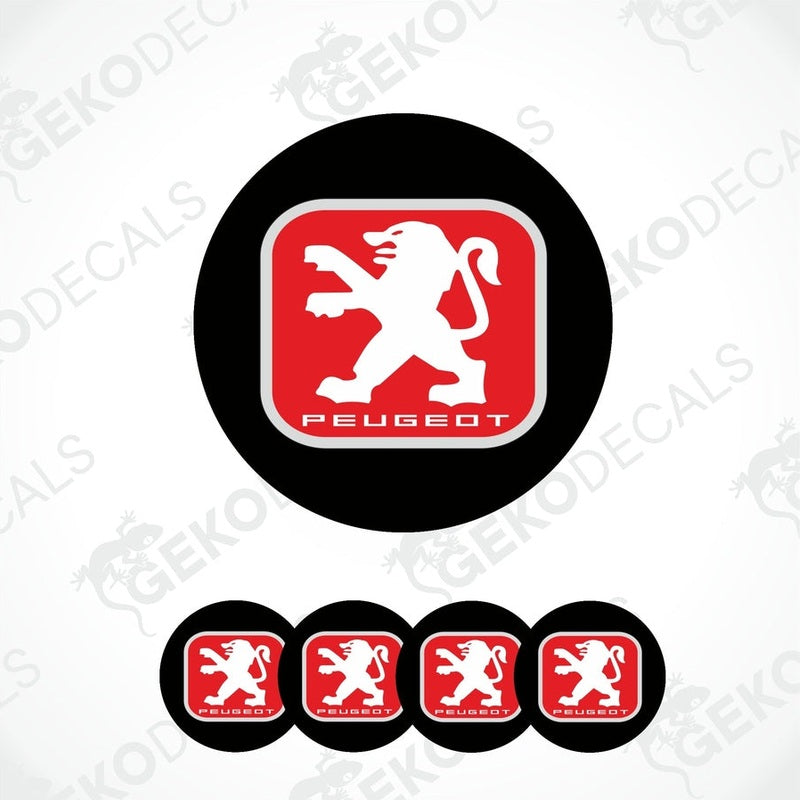 A set of four black and red vinyl stickers with a geometric design representing the Peugeot brand logo.