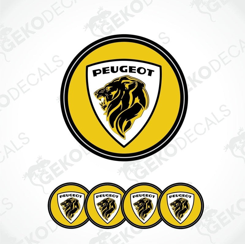 A set of four PEUGEOT branded vinyl decals with a yellow background and black trim with the PEUGEOT logo on center.