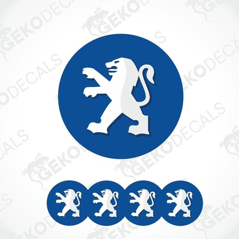 A set of four blue vinyl decals with the PEUGEOT logo and a polyurethane coating.