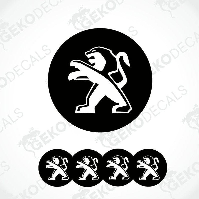 A set of four black and white vinyl decals with the Peugeot car logo.