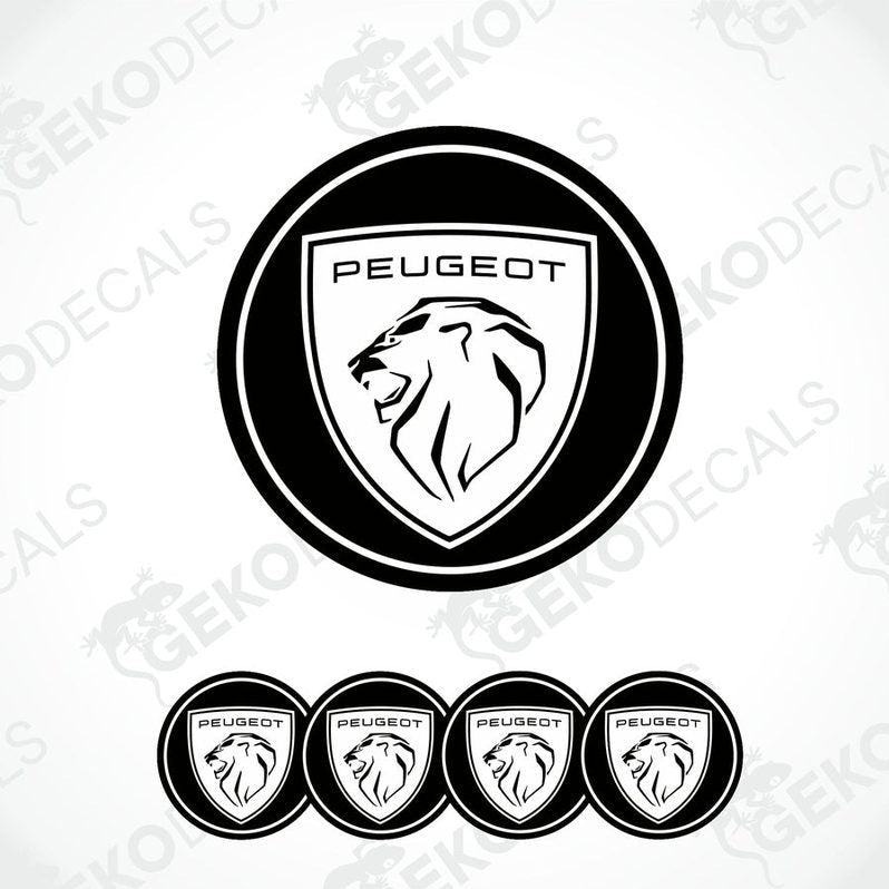 A set of four black vinyl stickers with the PEUGEOT brand logo.