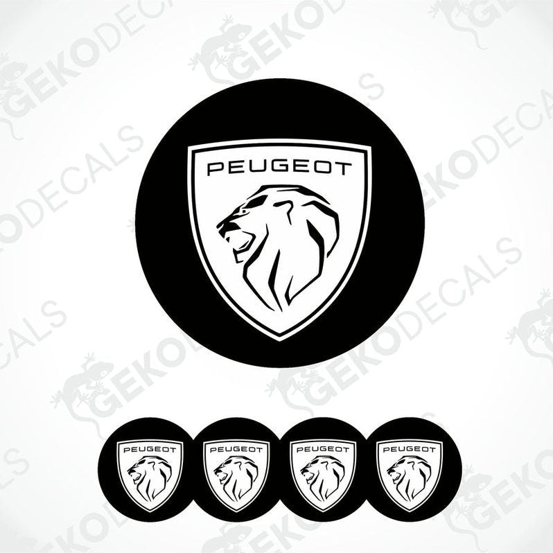 A set of four black vinyl stickers with the PEUGEOT brand logo.