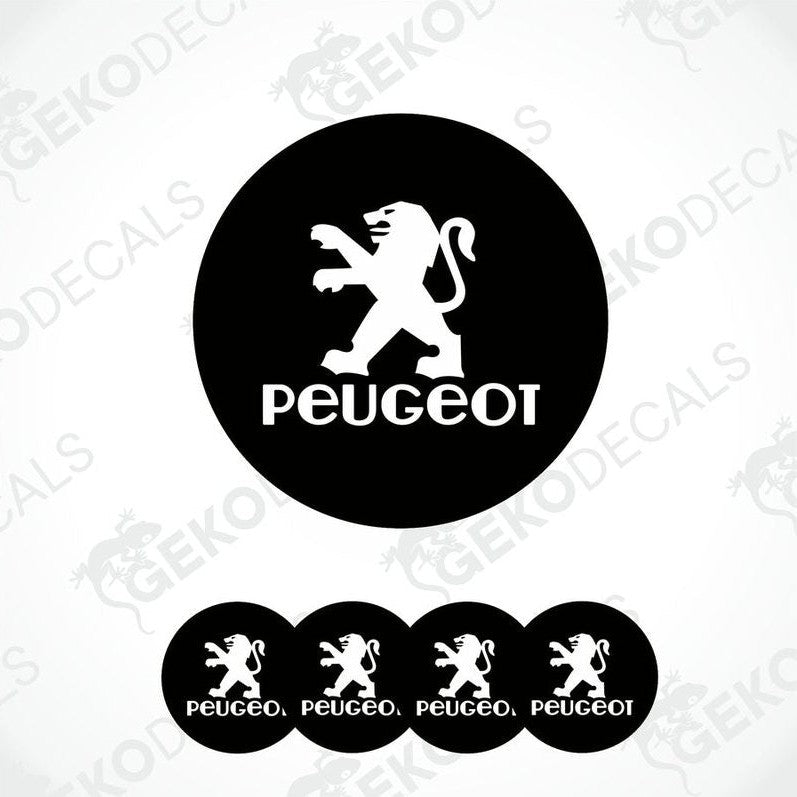 A set of four black vinyl stickers with a Peugeot logo, designed for use as car decals.