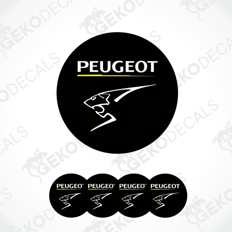 A set of four black vinyl stickers with the PEUGEOT brand logo.