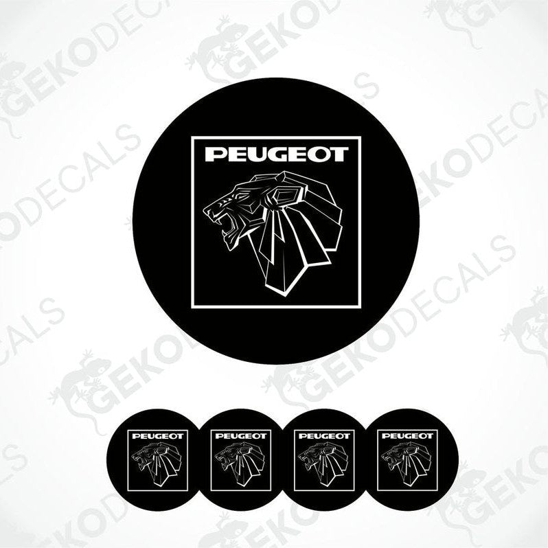 A set of black vinyl decals with the PEUGEOT logo applied on them, displayed on a white background.