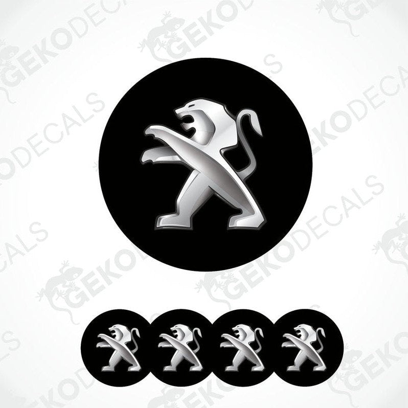 A set of four black vinyl stickers with a geometric design representing the Peugeot brand logo.