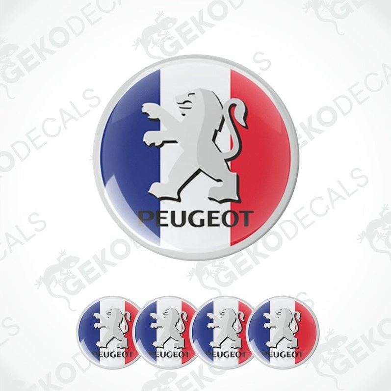 A set of four white vinyl stickers with the Peugeot brand logo and a design resembling the French flag, including shades of red, white, and blue.