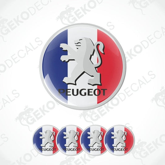 A set of four white vinyl stickers with the Peugeot brand logo and a design resembling the French flag, including shades of red, white, and blue.