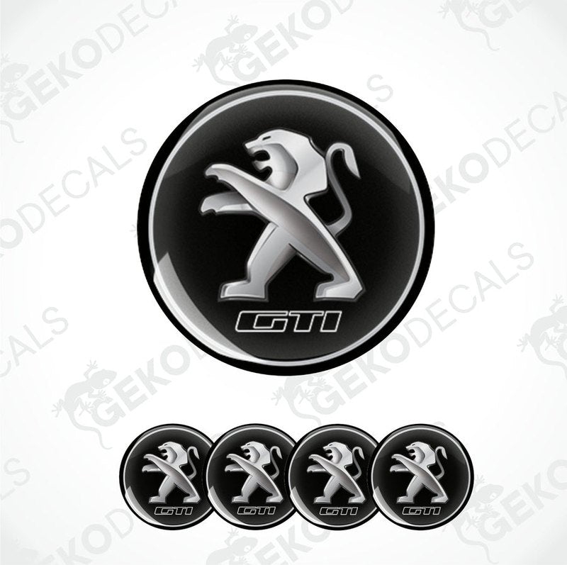 A set of black and silver PEUGEOT GTI vinyl decals, with one large decal featuring the GTI logo and four smaller ones for wheels.