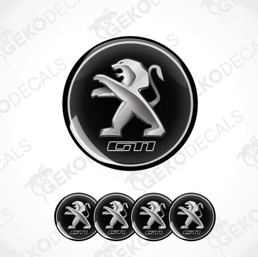 A set of black and silver PEUGEOT GTI vinyl decals, with one large decal featuring the GTI logo and four smaller ones for wheels.