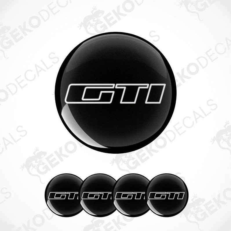 A set of four black vinyl stickers with the word 'PEUGEOT GTI' printed on them, designed for use as car decals.