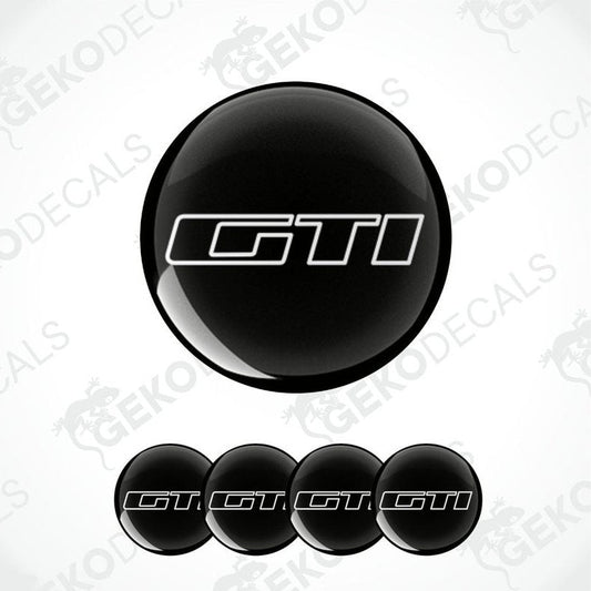 A set of four black vinyl stickers with the word 'PEUGEOT GTI' printed on them, designed for use as car decals.
