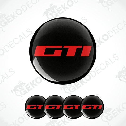 A set of four black vinyl stickers with the word 'PEUGEOT GTI' written in red.