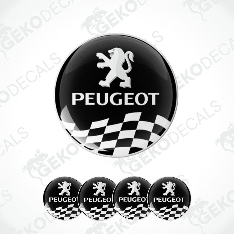 A set of black and white vinyl decals with a PEUGEOT logo and a checkered pattern.