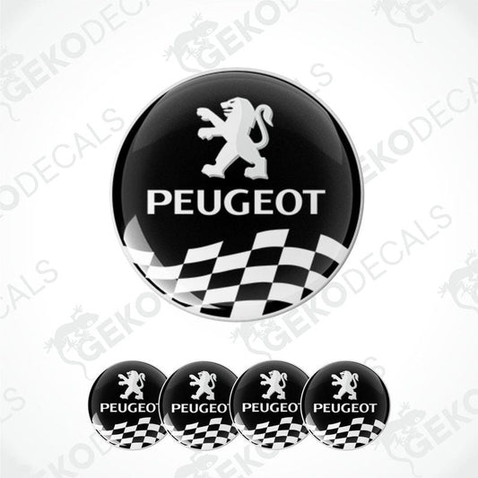 A set of black and white vinyl decals with a PEUGEOT logo and a checkered pattern.