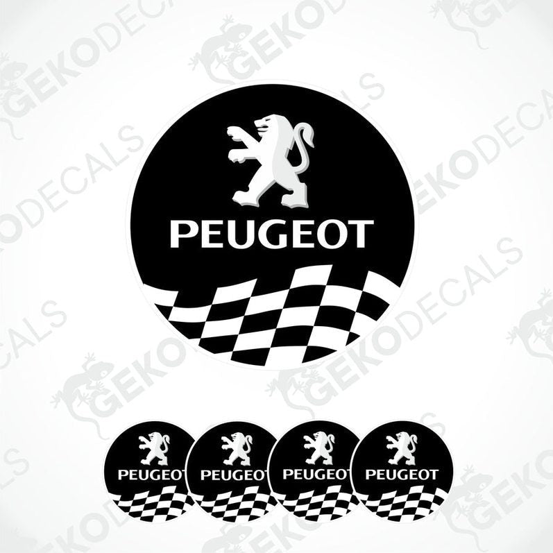 A set of black and white vinyl decals with a PEUGEOT logo and a checkered pattern.
