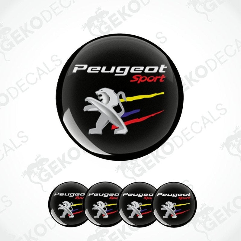 A set of four black vinyl stickers with a Peugeot Sport logo and a graphic of a Peugeot car on a track.
